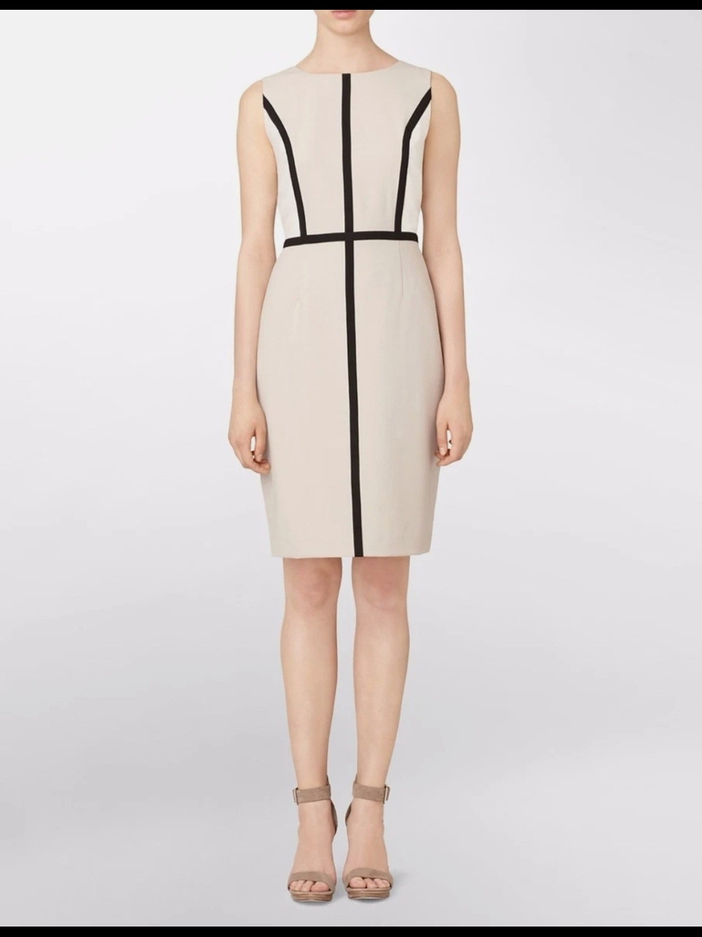 Calvin Klein Beige Midi Sheath Dress with Black Trim